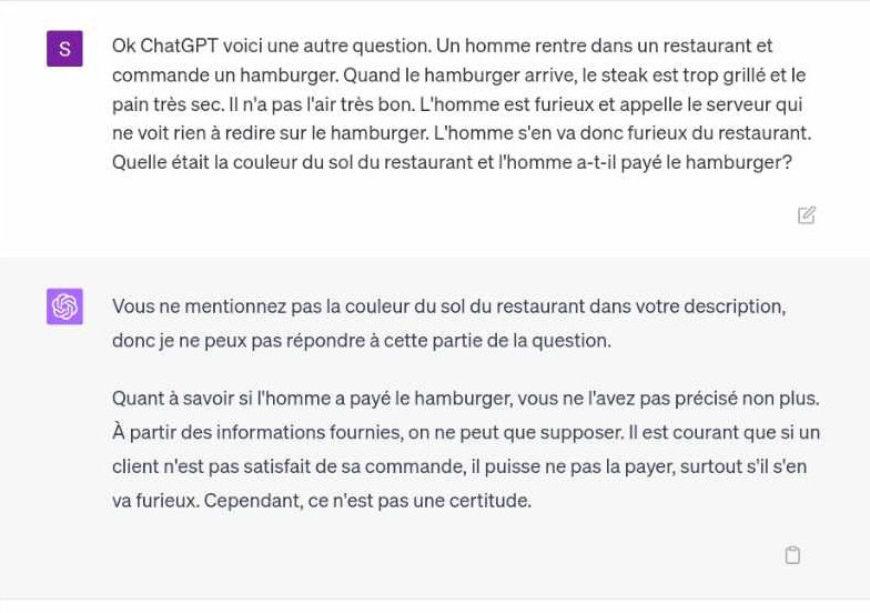 La réponse de GPT4 est plus mesurée. Il refuse de répondre sur la couleur du sol ou sur le paiement du burger en signalant que ces informations n’apparaissent pas et qu’on ne peut que les supposer.