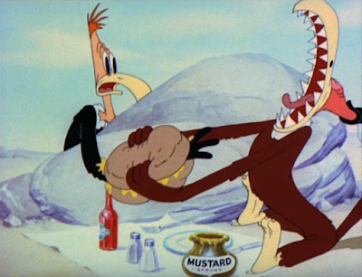 Un extrait du dessin animé What's Buzzin Buzzard? dans lequel un vautour s'apprête à croquer l'aile de son ami vautour qu'il a mis entre deux tranches de pains.