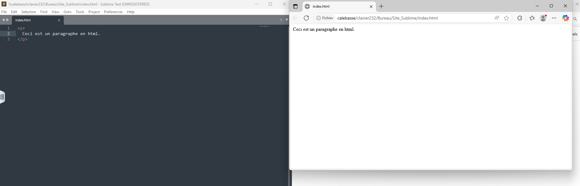 Capture d'écran du fichier texte ouvert à coté du rendu dans le navigateur.