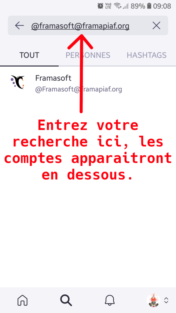 Capture d’écran de la barre de recherche l’application officielle mise en
évidence