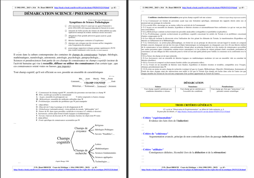 Double page sur la démarcation science-pseudoscience. La page de gauche commence avec un encart Symptomes de Science Pathologique tirés d'un livre de Langmuir avec 6 critères: